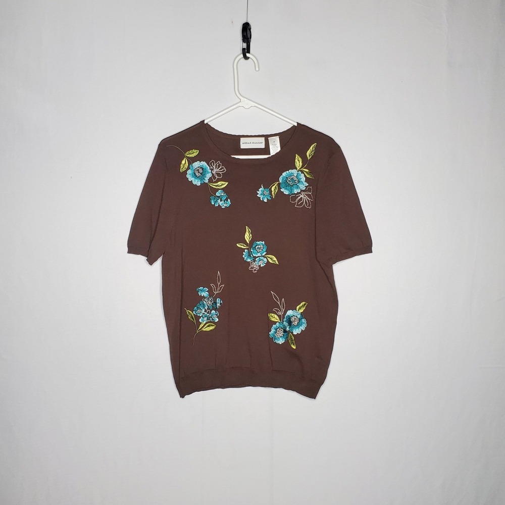 Alfred Dunner Brown Embroidered Floral Knit Sweater Top Women Medium 90s Grandma
